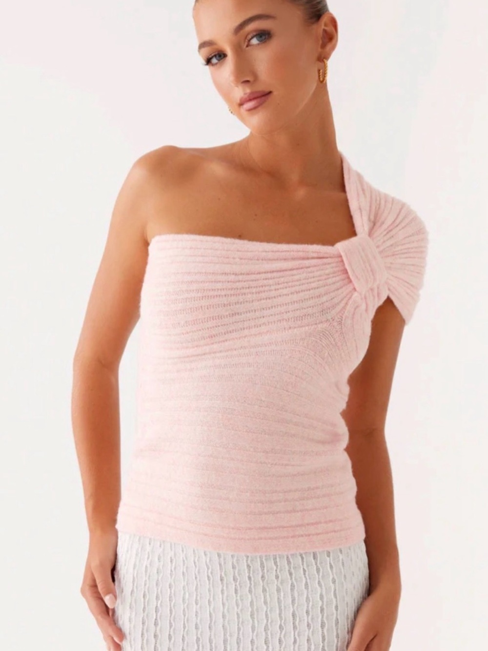 Peppermayo One-Shoulder Knot Knit Top - Light Pink